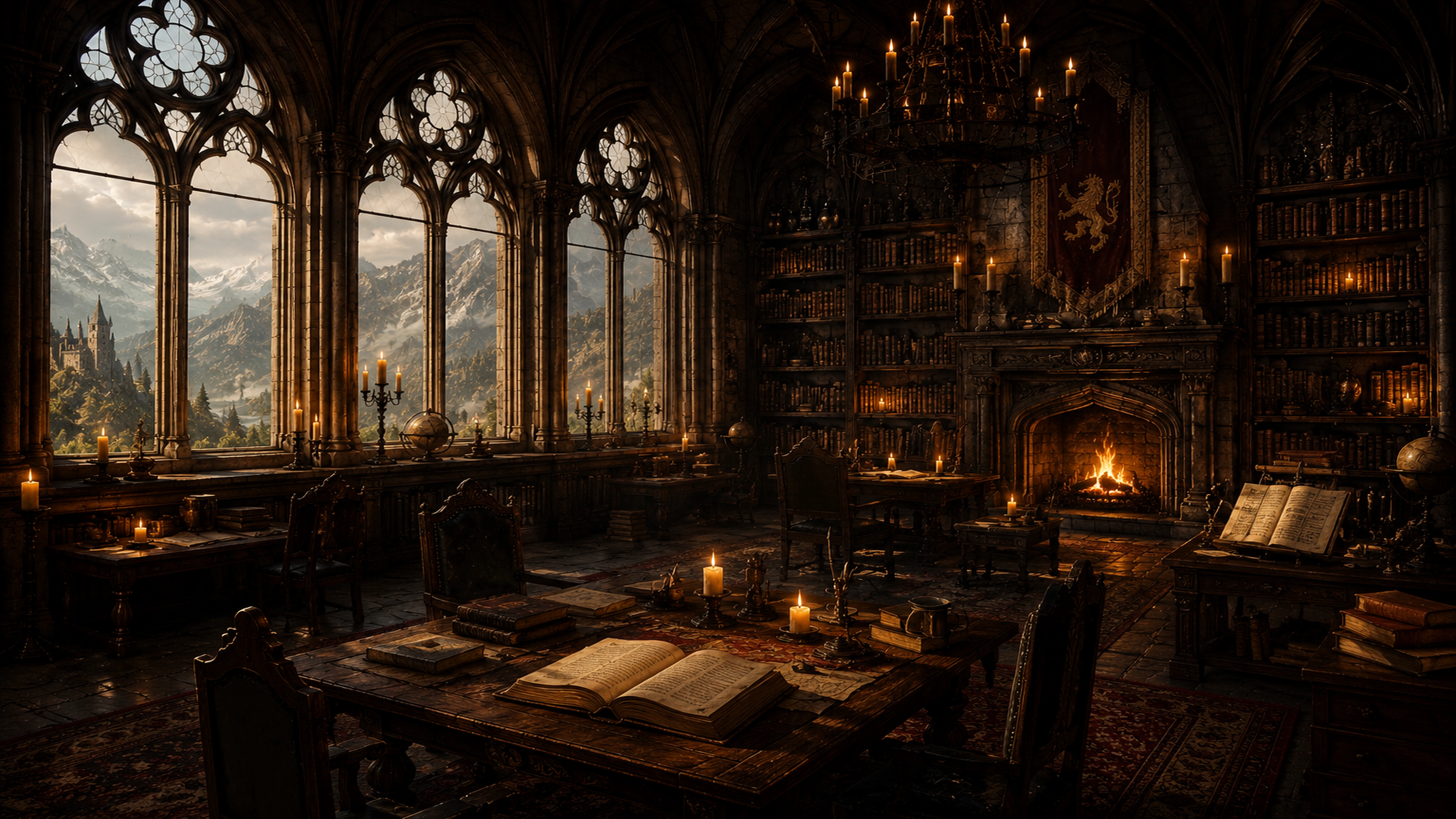 A quiet dark reading room with a desk, books, and warm lamplight